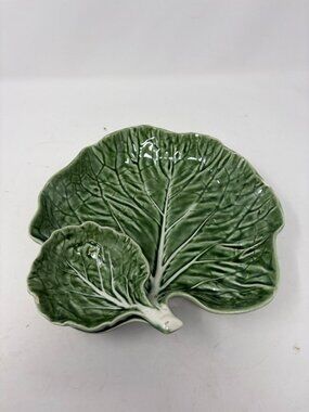 Bordallo Pinheiro cabbage leaf dish chips and dip Portugal green majolica